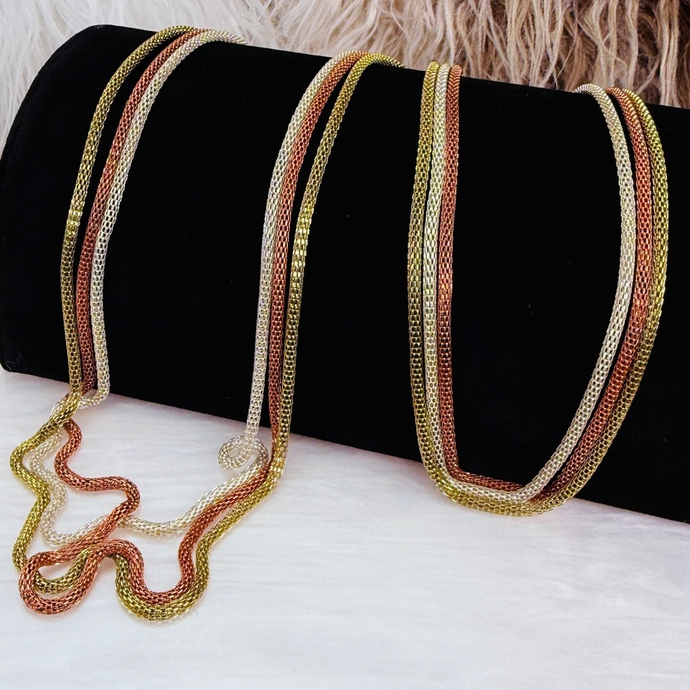 Set of 3: Silvertone, coppertone & goldtone long layering costume necklaces